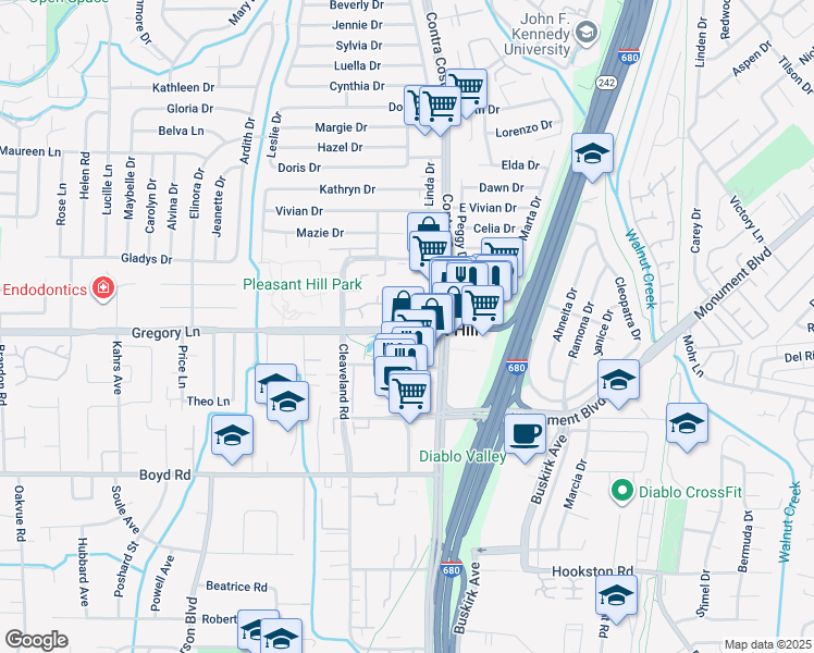 map of restaurants, bars, coffee shops, grocery stores, and more near 65 Gregory Lane in Pleasant Hill