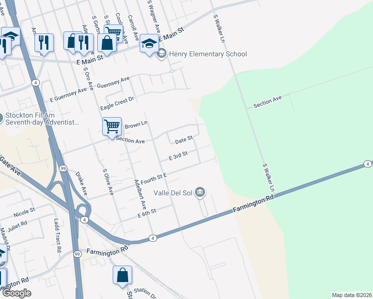 map of restaurants, bars, coffee shops, grocery stores, and more near 4722 Date Street in Stockton