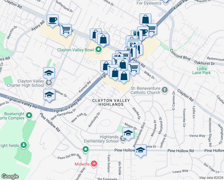 map of restaurants, bars, coffee shops, grocery stores, and more near 5519 Roundtree Drive in Concord