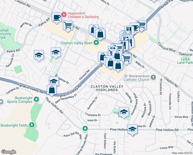 map of restaurants, bars, coffee shops, grocery stores, and more near 1320 Kenwal Road in Concord
