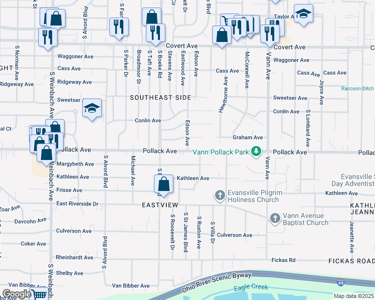 map of restaurants, bars, coffee shops, grocery stores, and more near 2562 Pollack Avenue in Evansville