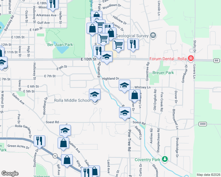 map of restaurants, bars, coffee shops, grocery stores, and more near 1300 Whitney Lane in Rolla