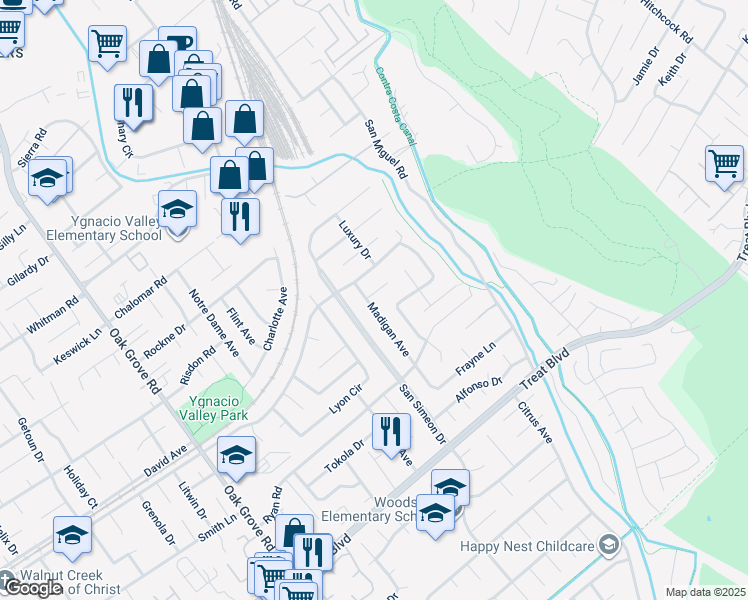 map of restaurants, bars, coffee shops, grocery stores, and more near 880 Madigan Avenue in Concord