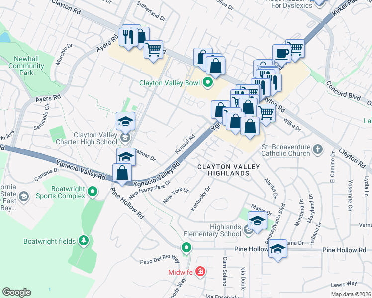 map of restaurants, bars, coffee shops, grocery stores, and more near 1215 Kenwal Road in Concord