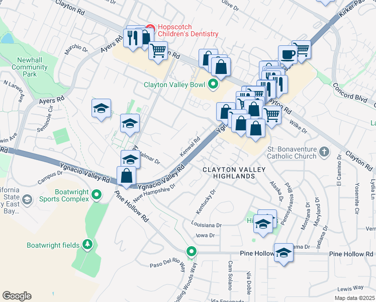 map of restaurants, bars, coffee shops, grocery stores, and more near 1140 Kenwal Road in Concord