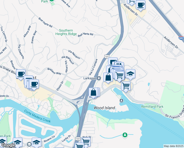 map of restaurants, bars, coffee shops, grocery stores, and more near 139 Vía La Cumbre in Larkspur