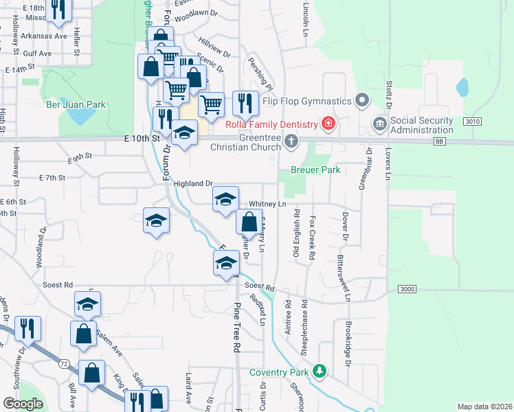 map of restaurants, bars, coffee shops, grocery stores, and more near 1402 Whitney Lane in Rolla