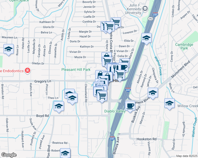 map of restaurants, bars, coffee shops, grocery stores, and more near in Pleasant Hill