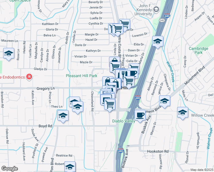 map of restaurants, bars, coffee shops, grocery stores, and more near 91 Gregory Lane in Pleasant Hill