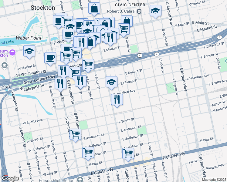 map of restaurants, bars, coffee shops, grocery stores, and more near 536 California Street in Stockton