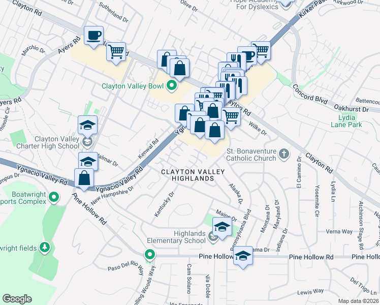 map of restaurants, bars, coffee shops, grocery stores, and more near 5474 Roundtree Place in Concord
