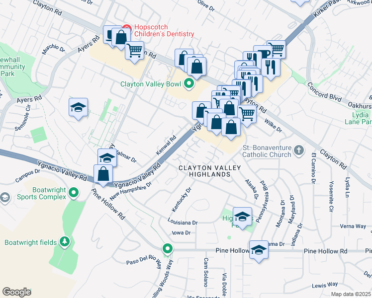 map of restaurants, bars, coffee shops, grocery stores, and more near 1320 Kenwal Road in Concord