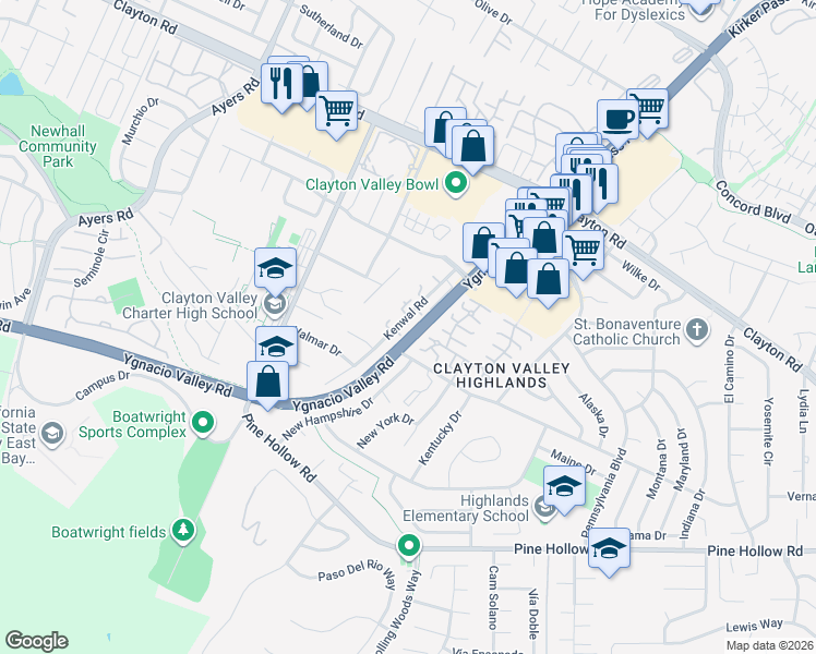 map of restaurants, bars, coffee shops, grocery stores, and more near 1215 Kenwal Road in Concord