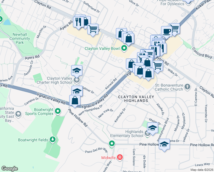 map of restaurants, bars, coffee shops, grocery stores, and more near 1215 Kenwal Road in Concord