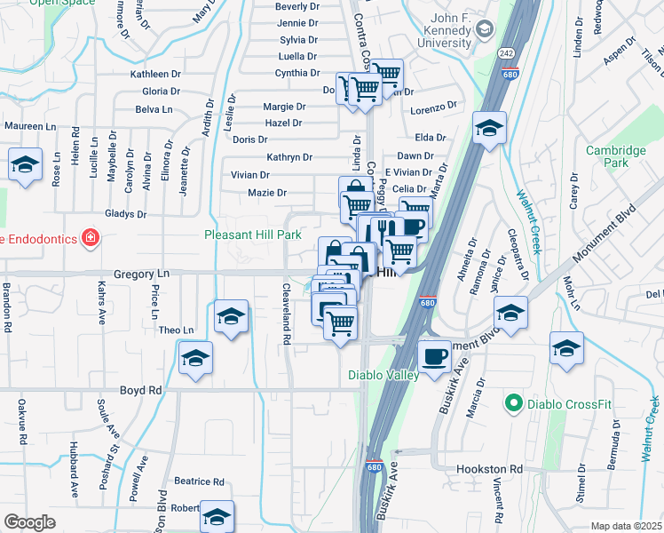 map of restaurants, bars, coffee shops, grocery stores, and more near in Pleasant Hill