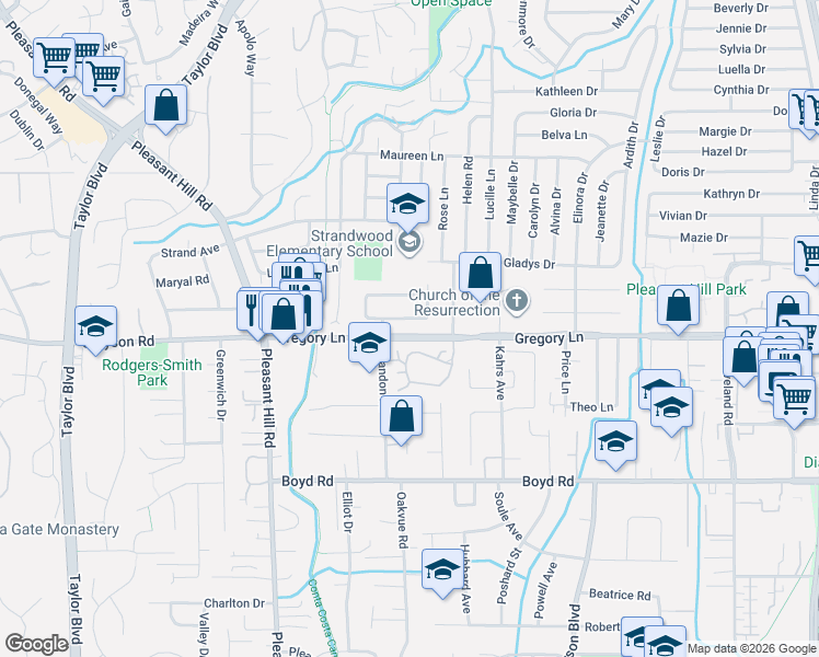 map of restaurants, bars, coffee shops, grocery stores, and more near 439 Monti Circle in Pleasant Hill