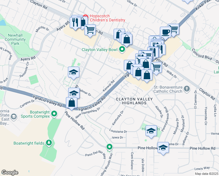map of restaurants, bars, coffee shops, grocery stores, and more near 1215 Kenwal Road in Concord