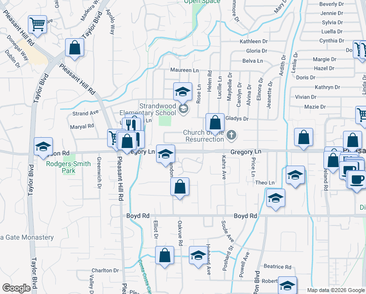 map of restaurants, bars, coffee shops, grocery stores, and more near 439 Monti Circle in Pleasant Hill