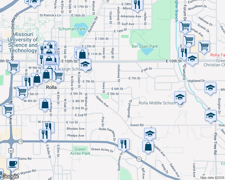 map of restaurants, bars, coffee shops, grocery stores, and more near 800 East 7th Street in Rolla
