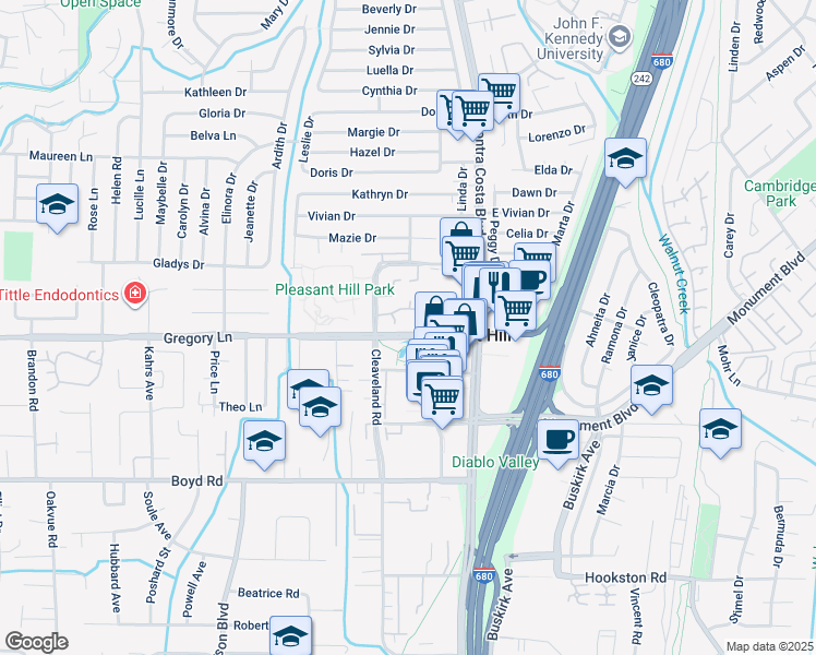 map of restaurants, bars, coffee shops, grocery stores, and more near 48 Mozden Lane in Pleasant Hill