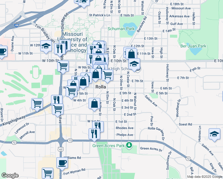 map of restaurants, bars, coffee shops, grocery stores, and more near 122 East 6th Street in Rolla