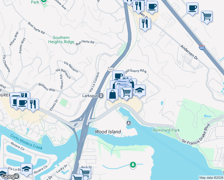 map of restaurants, bars, coffee shops, grocery stores, and more near 700 Larkspur Landing Circle in Larkspur