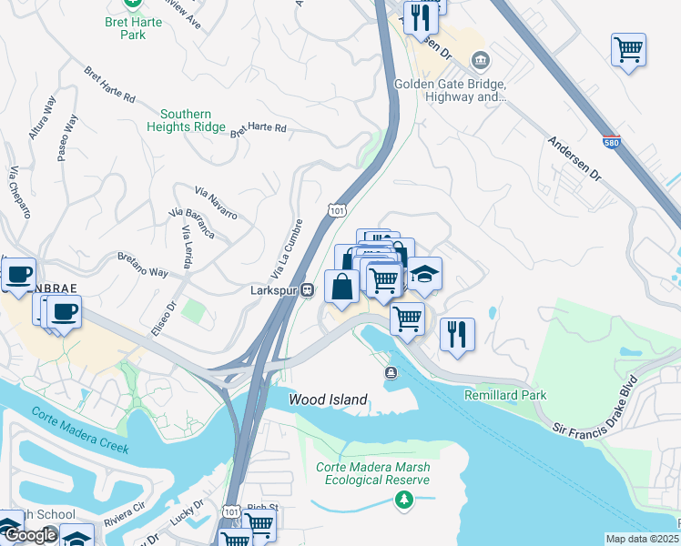 map of restaurants, bars, coffee shops, grocery stores, and more near 700 Larkspur Landing Circle in Larkspur