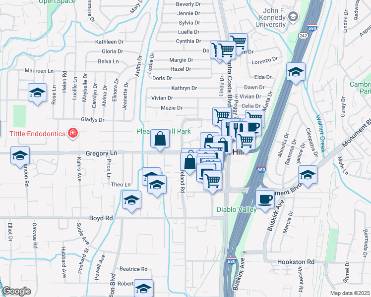 map of restaurants, bars, coffee shops, grocery stores, and more near 101 Gregory Lane in Pleasant Hill