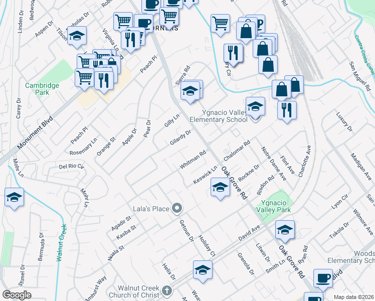 map of restaurants, bars, coffee shops, grocery stores, and more near 1950 Emerald Street in Concord