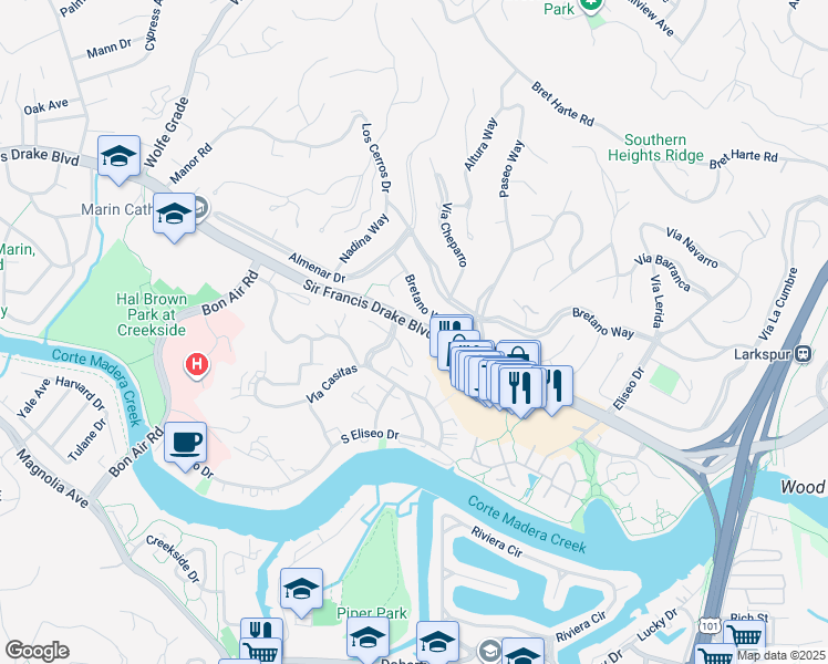 map of restaurants, bars, coffee shops, grocery stores, and more near 575 Sir Francis Drake Boulevard in Larkspur
