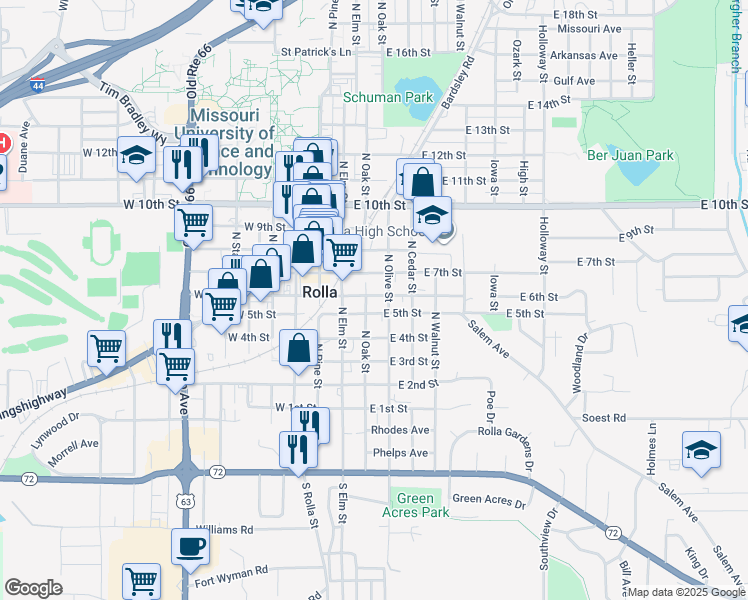 map of restaurants, bars, coffee shops, grocery stores, and more near 600 North Olive Street in Rolla