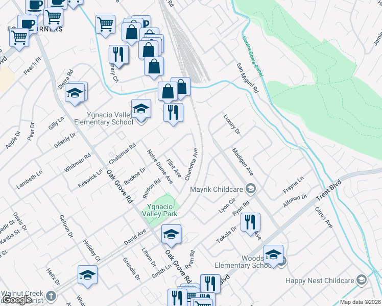map of restaurants, bars, coffee shops, grocery stores, and more near 2381 Eugene Court in Concord