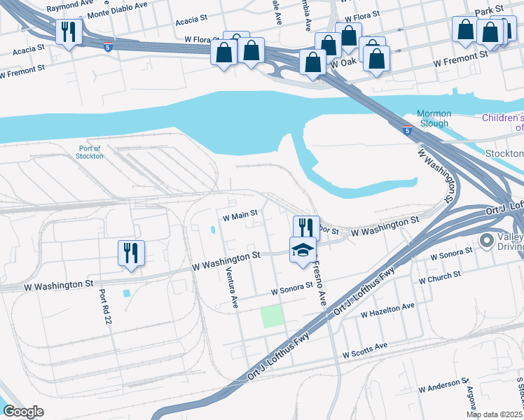 map of restaurants, bars, coffee shops, grocery stores, and more near 2 South Los Angeles Avenue in Stockton