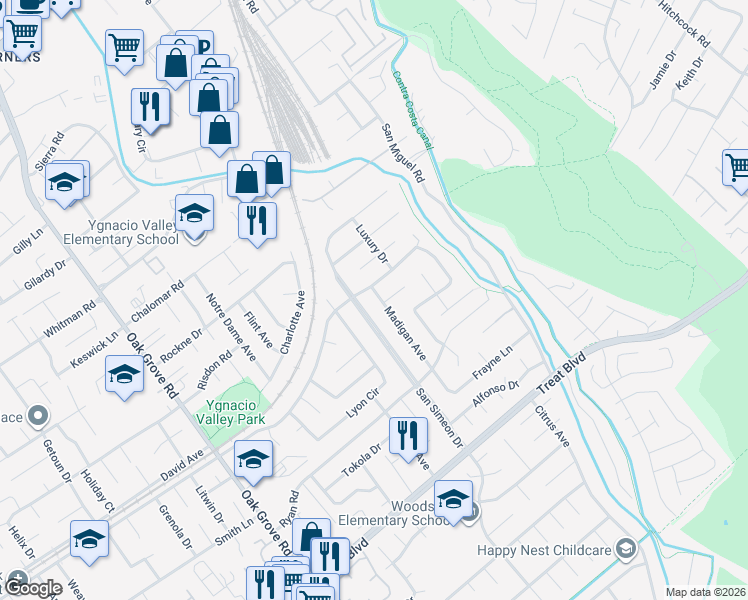 map of restaurants, bars, coffee shops, grocery stores, and more near 889 Madigan Avenue in Concord