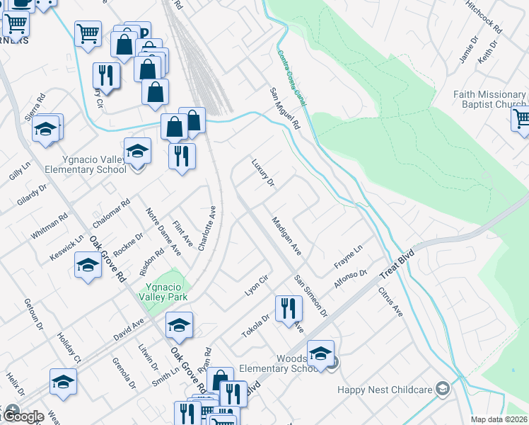map of restaurants, bars, coffee shops, grocery stores, and more near 889 Madigan Avenue in Concord