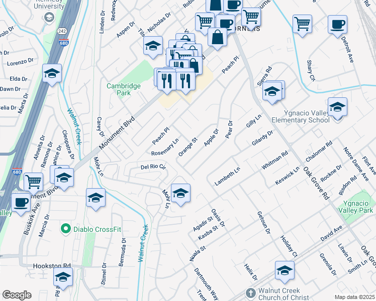 map of restaurants, bars, coffee shops, grocery stores, and more near 1300 Orange Street in Concord