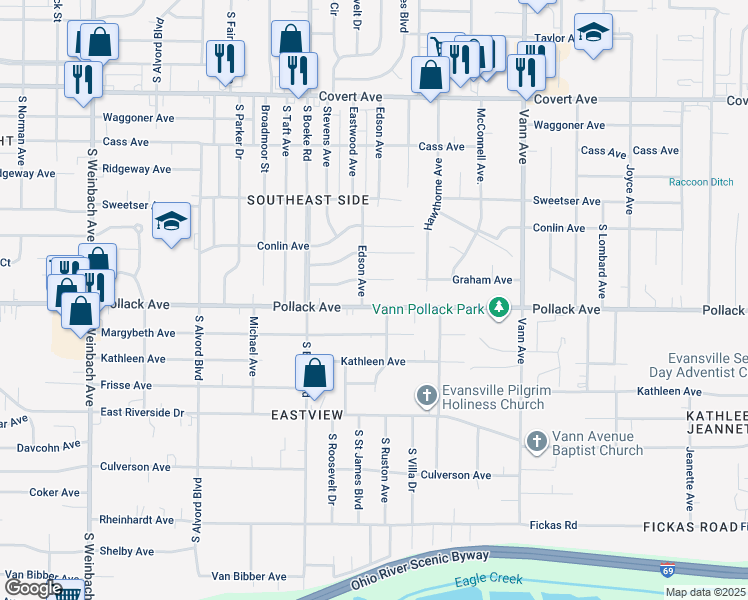 map of restaurants, bars, coffee shops, grocery stores, and more near 2562 Pollack Avenue in Evansville