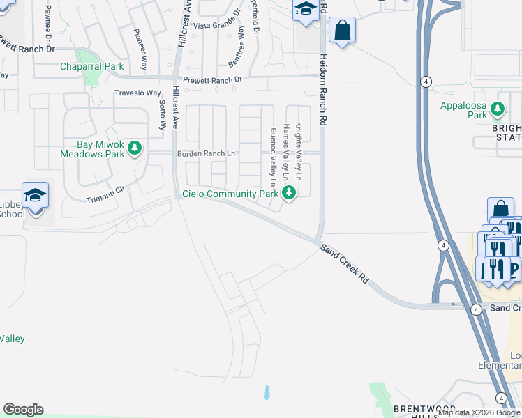 map of restaurants, bars, coffee shops, grocery stores, and more near 2482-3428 Heidorn Ranch Rd in Brentwood
