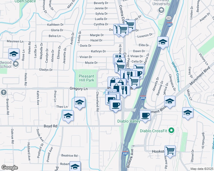 map of restaurants, bars, coffee shops, grocery stores, and more near 101 Gregory Lane in Pleasant Hill