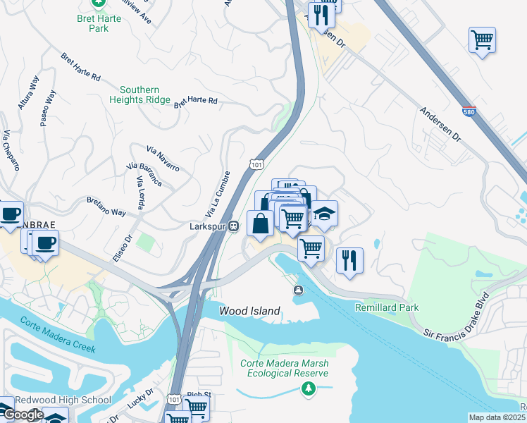 map of restaurants, bars, coffee shops, grocery stores, and more near 700 Larkspur Landing Cir in Larkspur