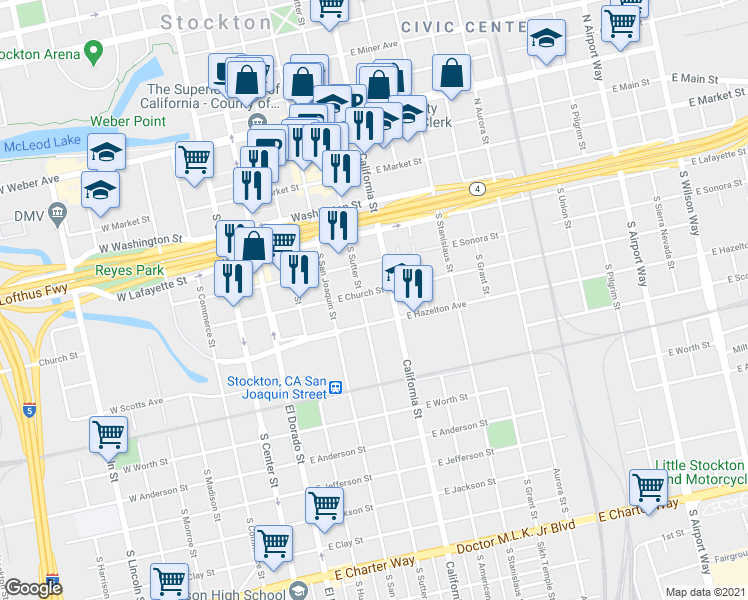 map of restaurants, bars, coffee shops, grocery stores, and more near 422 East Church Street in Stockton