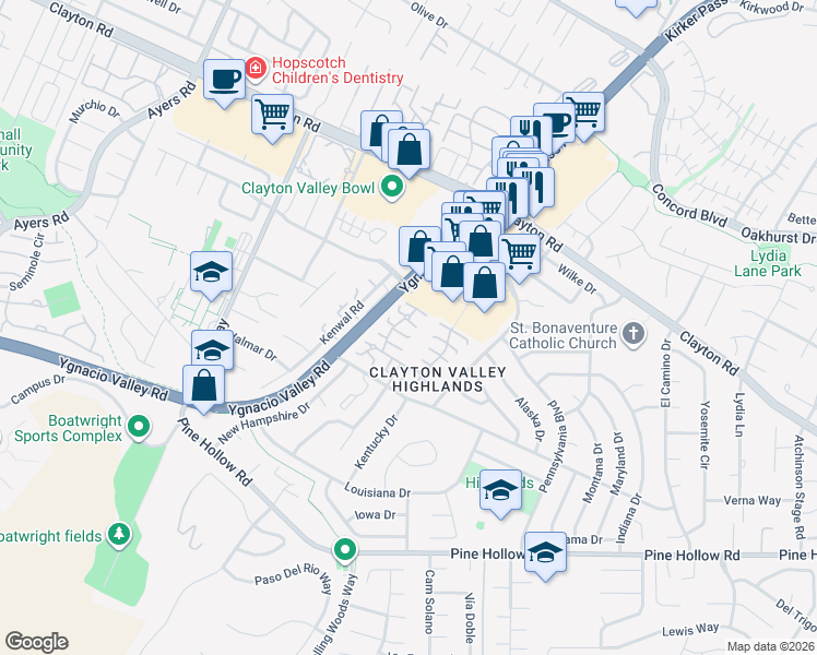 map of restaurants, bars, coffee shops, grocery stores, and more near 5472 Roundtree Place in Concord
