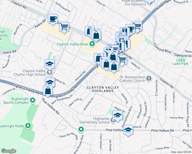 map of restaurants, bars, coffee shops, grocery stores, and more near 5474 Roundtree Place in Concord