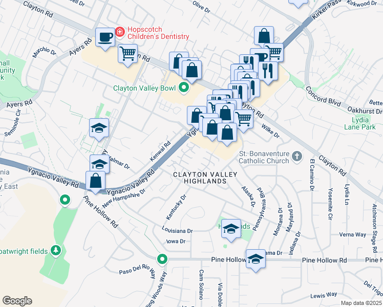 map of restaurants, bars, coffee shops, grocery stores, and more near 5472 Roundtree Place in Concord