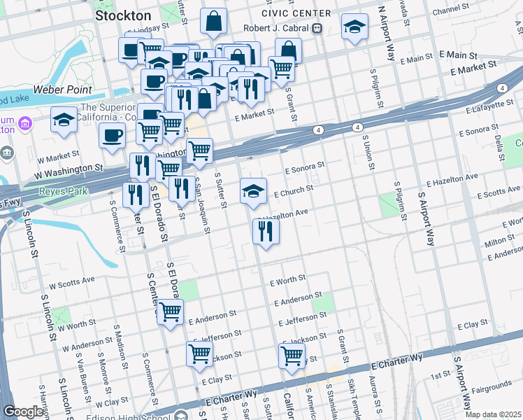 map of restaurants, bars, coffee shops, grocery stores, and more near 536 California Street in Stockton