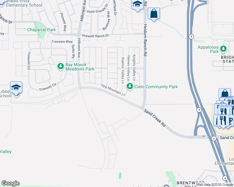 map of restaurants, bars, coffee shops, grocery stores, and more near 2482-3428 Heidorn Ranch Rd in Brentwood