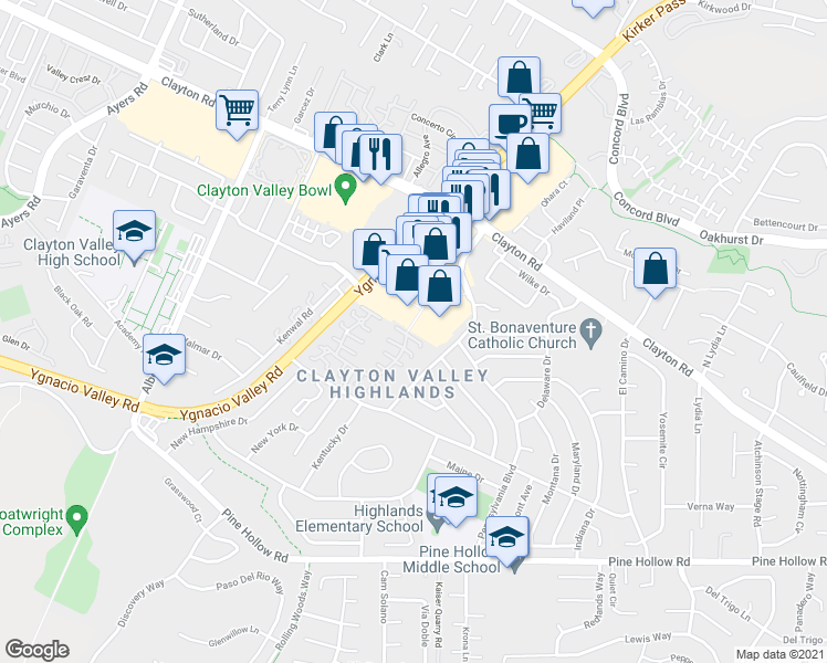 map of restaurants, bars, coffee shops, grocery stores, and more near 5519 Roundtree Drive in Concord