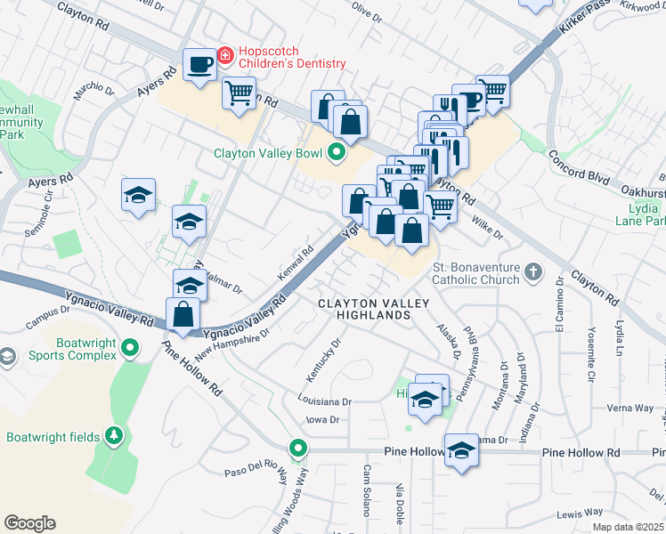 map of restaurants, bars, coffee shops, grocery stores, and more near 1320 Kenwal Road in Concord