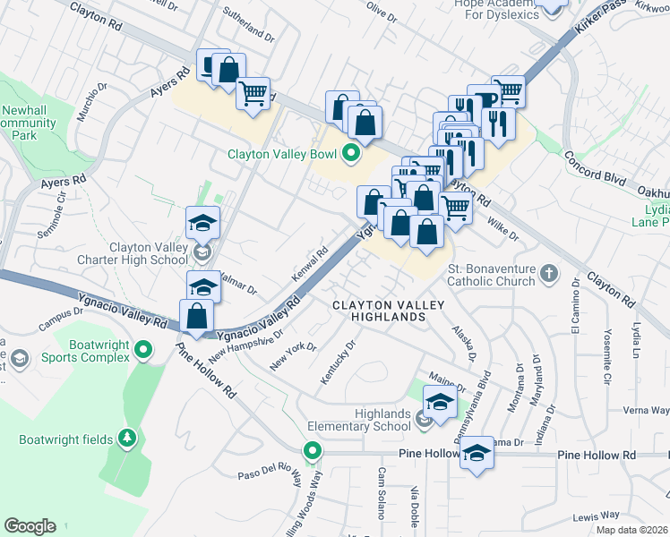 map of restaurants, bars, coffee shops, grocery stores, and more near 1320 Kenwal Road in Concord