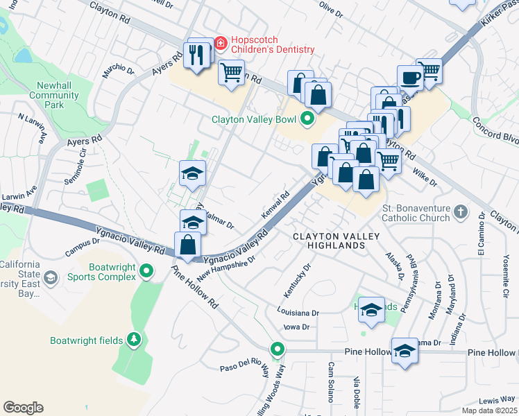 map of restaurants, bars, coffee shops, grocery stores, and more near 1316 Chimneywood Court in Concord